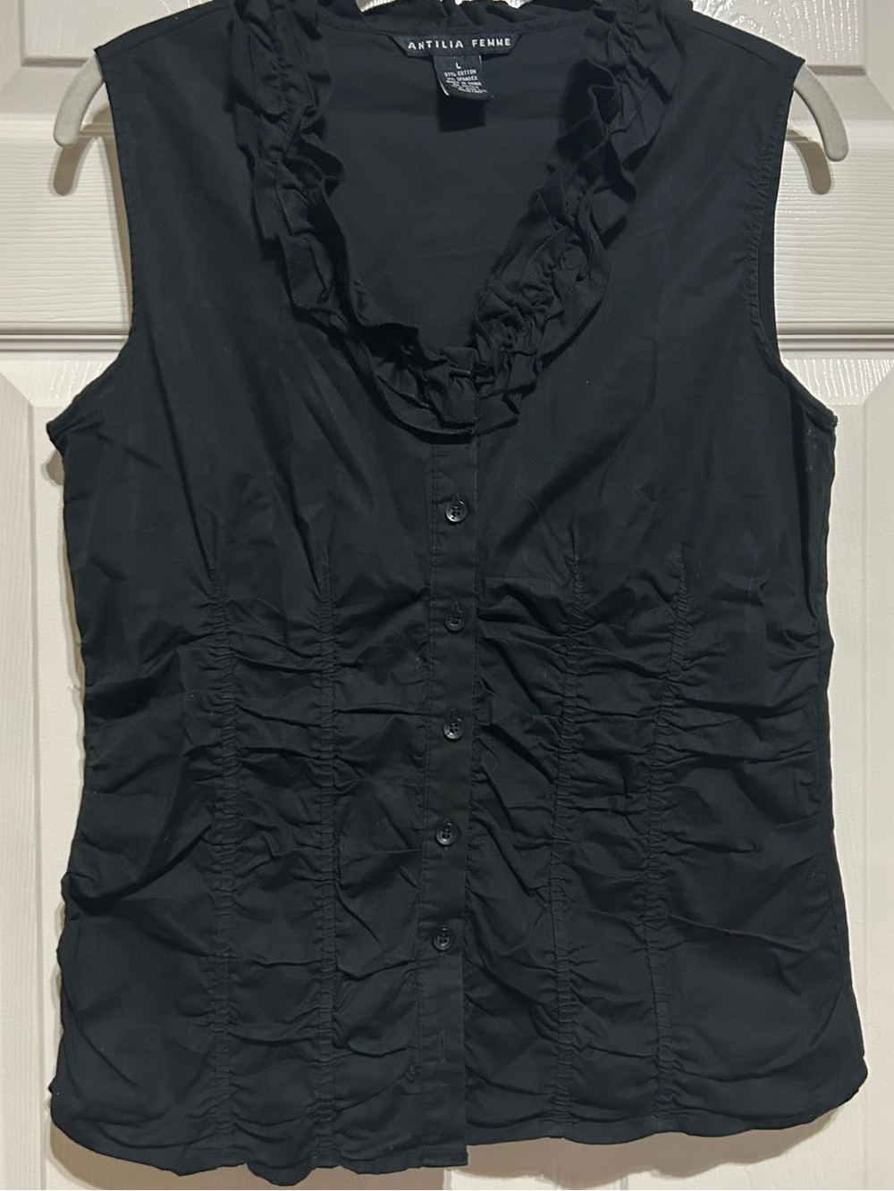 Antilia Femme Black Sleeveless Ruffled Button-Front Blouse
